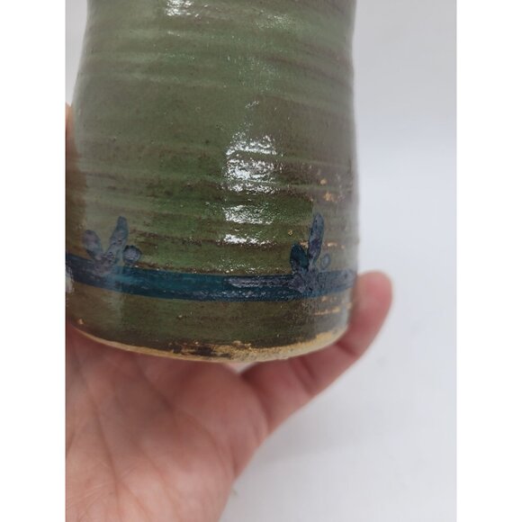 Handcrafted Ceramic Pitcher Signed Green Blue Detailing primitive - Picture 4 of 5